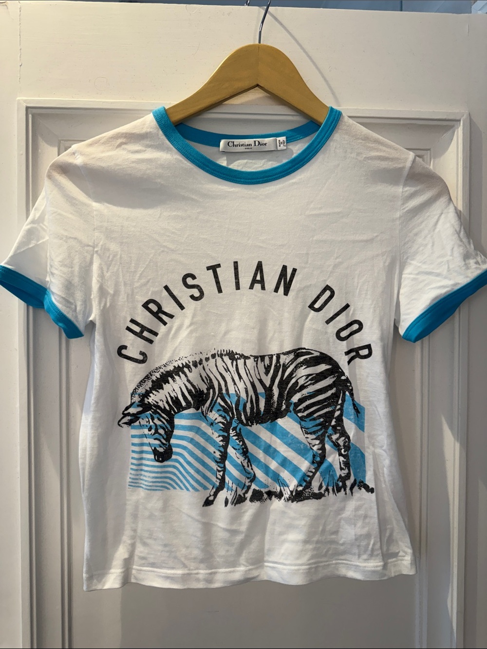 Dior White Tee with Turquoise Trim & Zebra Print - Size S